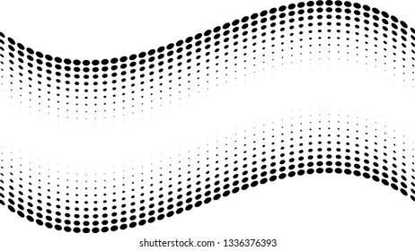 Halftone gradient pattern. Abstract halftone dots background. Monochrome dots pattern. Grunge texture. Pop Art, Comic small dots. Wavy twisted strip. Banner with space. Template for cover, card, flyer