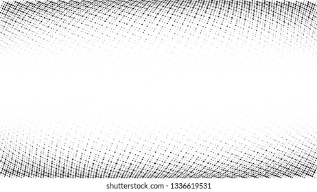 Halftone gradient pattern. Abstract halftone dots background. Monochrome dots pattern. Grunge texture. Pop Art, Comic small dots. Wave twisted dots. Banner with space. Template for cover, card, flyer