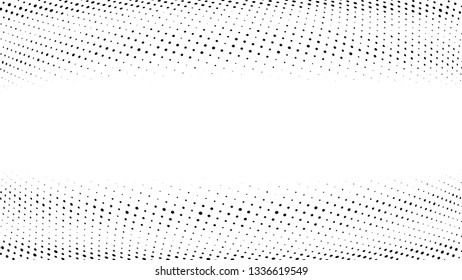 Halftone gradient pattern. Abstract halftone dots background. Monochrome dots pattern. Grunge texture. Pop Art, Comic small dots. Wave twisted dots. Banner with space. Template for cover, card, flyer