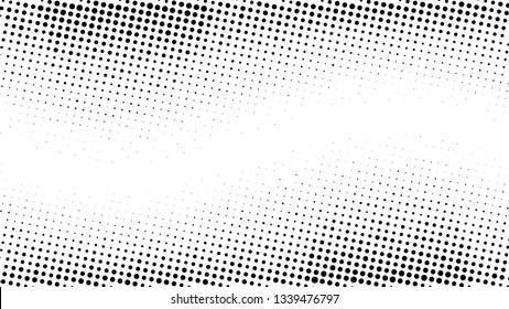 Halftone gradient pattern. Abstract halftone dots background. Monochrome dots pattern. Grunge texture. Pop Art, Comic small dots. Wave twisted dots. Banner with space. Template for cover, card, flyer