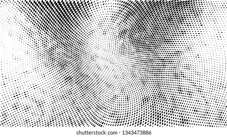 Halftone gradient pattern. Abstract halftone dots background. Monochrome dots pattern. Grunge texture. Pop Art, Comic small dots. Wave twisted dots. Design for presentation, report, flyer, cover, card