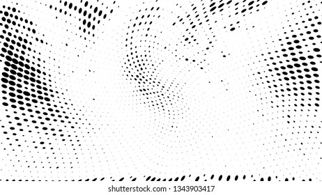 Halftone gradient pattern. Abstract halftone dots background. Monochrome dots pattern. Grunge texture. Pop Art, Comic small dots. Wave twisted dots. Design for presentation, report, flyer, cover, card