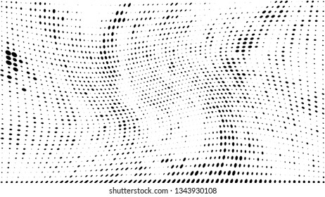 Halftone gradient pattern. Abstract halftone dots background. Monochrome dots pattern. Grunge texture. Pop Art, Comic small dots. Wave twisted dots. Design for presentation, report, flyer, cover, card