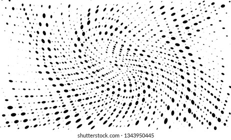 Halftone gradient pattern. Abstract halftone dots background. Monochrome dots pattern. Vector halftone texture. Radial twisted circle. Grunge texture. Pop Art, Comic small dots. Wave twisted dots.