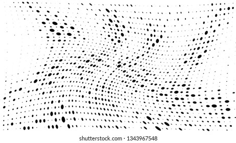 Halftone gradient pattern. Abstract halftone dots background. Monochrome dots pattern. Vector halftone texture. Grunge texture. Pop Art, Comic small dots. Wave twisted dots. Template for cover, banner