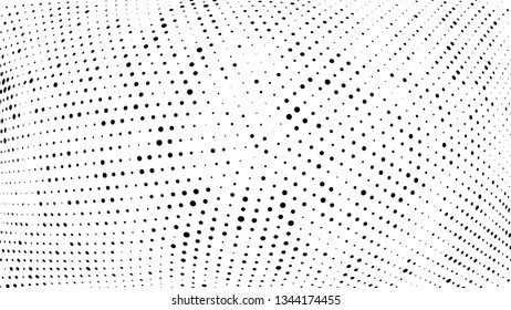 Halftone gradient pattern. Abstract halftone dots background. Monochrome dots pattern. Vector halftone texture. Radial twisted circle. Grunge texture. Pop Art, Comic small dots. Wave dots, 3D sphere