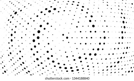 Halftone gradient pattern. Abstract halftone dots background. Monochrome dots pattern. Vector halftone texture. Radial twisted circle. Grunge texture. Pop Art, Comic small dots. Wave dots, 3D sphere