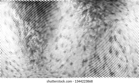 Halftone gradient pattern. Abstract halftone dots background. Monochrome dots pattern. Vector halftone texture. Grunge texture. Pop Art, Comic small dots. Wave twisted dots. Template for cover, banner