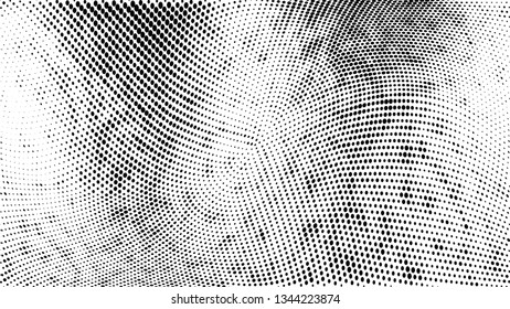 Halftone gradient pattern. Abstract halftone dots background. Monochrome dots pattern. Vector halftone texture. Grunge texture. Pop Art, Comic small dots. Wave twisted dots. Template for cover, banner