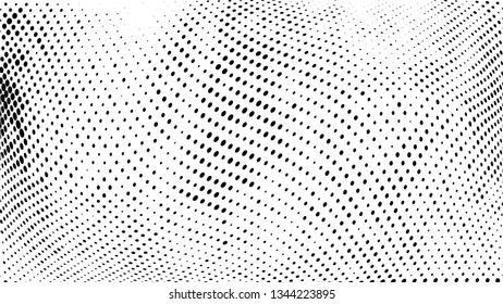 Halftone gradient pattern. Abstract halftone dots background. Monochrome dots pattern. Vector halftone texture. Grunge texture. Pop Art, Comic small dots. Wave twisted dots. Template for cover, banner