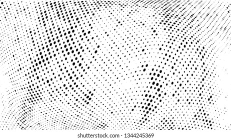 Halftone gradient pattern. Abstract halftone dots background. Monochrome dots pattern. Vector halftone texture. Grunge texture. Pop Art, Comic small dots. Wave twisted dots. Template for cover, banner