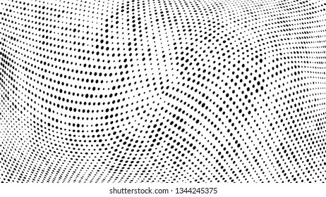 Halftone gradient pattern. Abstract halftone dots background. Monochrome dots pattern. Vector halftone texture. Grunge texture. Pop Art, Comic small dots. Wave twisted dots. Template for cover, banner