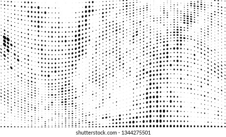 Halftone gradient pattern. Abstract halftone dots background. Monochrome dots pattern. Vector halftone texture. Grunge texture. Pop Art, Comic small dots. Wave twisted dots. Template for cover, banner