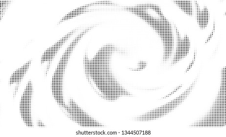 Halftone gradient pattern. Abstract halftone dots background. Monochrome gray dots pattern. Vector halftone texture. Radial twisted circle. Grunge texture. Pop Art, Comic small dots. Wave twisted dots