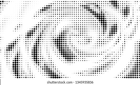Halftone gradient pattern. Abstract halftone dots background. Monochrome dots pattern. Vector halftone texture. Radial twisted circle. Grunge texture. Pop Art, Comic small dots. Wave twisted dots.