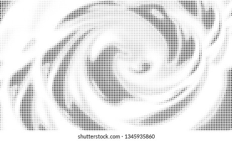 Halftone gradient pattern. Abstract halftone dots background. Monochrome dots pattern. Vector halftone texture. Radial twisted circle. Grunge texture. Pop Art, Comic small dots. Wave twisted dots.