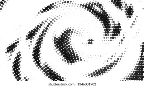 Halftone gradient pattern. Abstract halftone dots background. Monochrome gray dots pattern. Vector halftone texture. Radial twisted circle. Grunge texture. Pop Art, Comic small dots. Wave twisted dots
