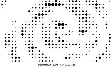 Halftone gradient pattern. Abstract halftone dots background. Monochrome dots pattern. Vector halftone texture. Radial twisted circle. Grunge texture. Pop Art, Comic small dots. Wave twisted dots.