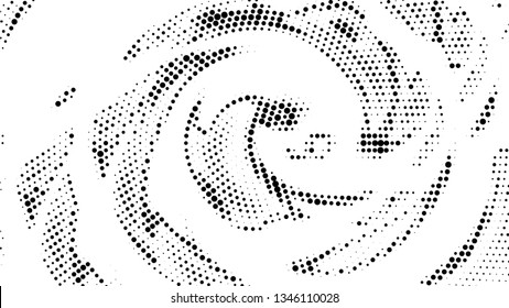 Halftone gradient pattern. Abstract halftone dots background. Monochrome dots pattern. Vector halftone texture. Radial twisted circle. Grunge texture. Pop Art, Comic small dots. Wave twisted dots.