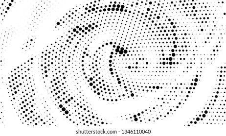 Halftone gradient pattern. Abstract halftone dots background. Monochrome dots pattern. Vector halftone texture. Radial twisted circle. Grunge texture. Pop Art, Comic small dots. Wave twisted dots.