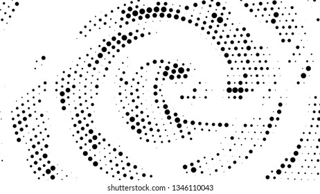 Halftone gradient pattern. Abstract halftone dots background. Monochrome dots pattern. Vector halftone texture. Radial twisted circle. Grunge texture. Pop Art, Comic small dots. Wave twisted dots.