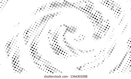 Halftone gradient pattern. Abstract halftone dots background. Monochrome gray dots pattern. Vector halftone texture. Radial twisted circle. Grunge texture. Pop Art, Comic small dots. Wave twisted dots
