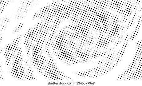 Halftone gradient pattern. Abstract halftone dots background. Monochrome dots pattern. Vector halftone texture. Radial twisted circle. Grunge texture. Pop Art, Comic small dots. Wave twisted dots.