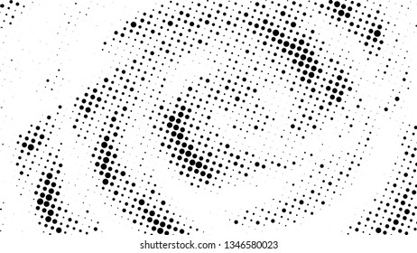 Halftone gradient pattern. Abstract halftone dots background. Monochrome dots pattern. Vector halftone texture. Radial twisted circle. Grunge texture. Pop Art, Comic small dots. Wave twisted dots.