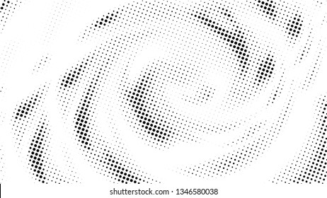 Halftone gradient pattern. Abstract halftone dots background. Monochrome dots pattern. Vector halftone texture. Radial twisted circle. Grunge texture. Pop Art, Comic small dots. Wave twisted dots.