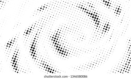 Halftone gradient pattern. Abstract halftone dots background. Monochrome dots pattern. Vector halftone texture. Radial twisted circle. Grunge texture. Pop Art, Comic small dots. Wave twisted dots.