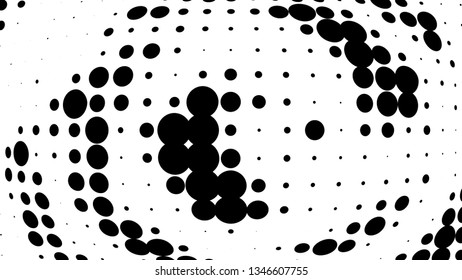Halftone gradient pattern. Abstract halftone dots background. Monochrome dots pattern. Vector halftone texture. Radial twisted circle. Grunge texture. Pop Art, Comic small dots. Wave twisted dots.