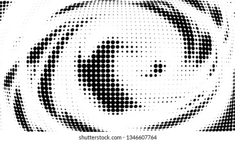 Halftone gradient pattern. Abstract halftone dots background. Monochrome dots pattern. Vector halftone texture. Radial twisted circle. Grunge texture. Pop Art, Comic small dots. Wave twisted dots.