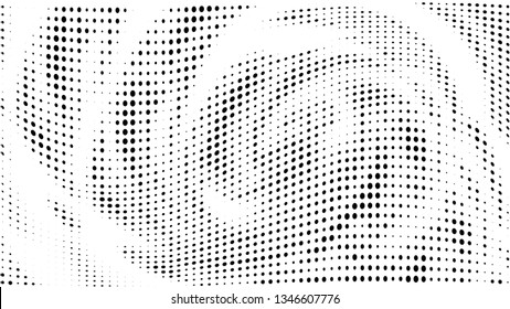 Halftone gradient pattern. Abstract halftone dots background. Monochrome dots pattern. Vector halftone texture. Radial twisted circle. Grunge texture. Pop Art, Comic small dots. Wave twisted dots.