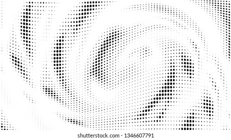 Halftone gradient pattern. Abstract halftone dots background. Monochrome dots pattern. Vector halftone texture. Radial twisted circle. Grunge texture. Pop Art, Comic small dots. Wave twisted dots.