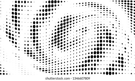 Halftone gradient pattern. Abstract halftone dots background. Monochrome dots pattern. Vector halftone texture. Radial twisted circle. Grunge texture. Pop Art, Comic small dots. Wave twisted dots.