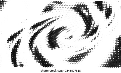 Halftone gradient pattern. Abstract halftone dots background. Monochrome gray dots pattern. Vector halftone texture. Radial twisted circle. Grunge texture. Pop Art, Comic small dots. Wave twisted dots