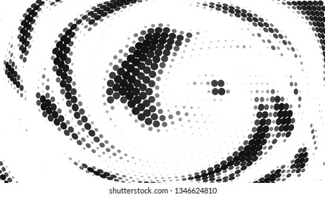Halftone gradient pattern. Abstract halftone dots background. Monochrome gray dots pattern. Vector halftone texture. Radial twisted circle. Grunge texture. Pop Art, Comic small dots. Wave twisted dots