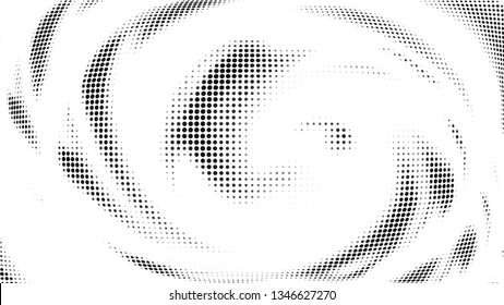 Halftone gradient pattern. Abstract halftone dots background. Monochrome gray dots pattern. Vector halftone texture. Radial twisted circle. Grunge texture. Pop Art, Comic small dots. Wave twisted dots
