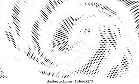 Halftone gradient pattern. Abstract halftone dots background. Monochrome dots pattern. Vector halftone texture. Radial twisted circle. Grunge texture. Pop Art, Comic small dots. Wave twisted dots.