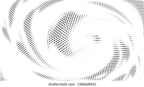 Halftone gradient pattern. Abstract halftone dots background. Monochrome gray dots pattern. Vector halftone texture. Radial twisted circle. Grunge texture. Pop Art, Comic small dots. Wave twisted dots