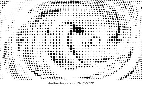 Halftone gradient pattern. Abstract halftone dots background. Monochrome dots pattern. Vector halftone texture. Radial twisted circle. Grunge texture. Pop Art, Comic small dots. Wave twisted dots.