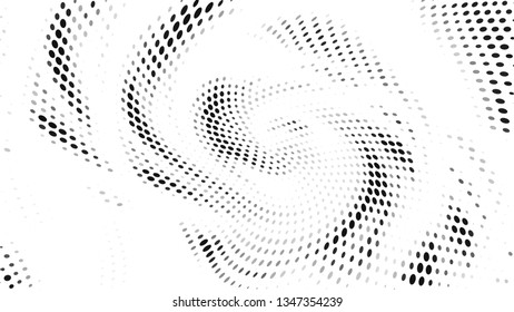 Halftone gradient pattern. Abstract halftone dots background. Monochrome gray dots pattern. Vector halftone texture. Radial twisted circle. Grunge texture. Pop Art, Comic small dots. Wave twisted dots