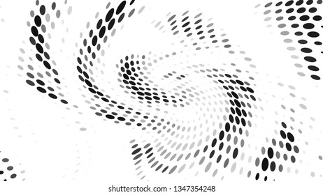 Halftone gradient pattern. Abstract halftone dots background. Monochrome gray dots pattern. Vector halftone texture. Radial twisted circle. Grunge texture. Pop Art, Comic small dots. Wave twisted dots