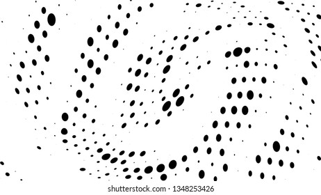 Halftone gradient pattern. Abstract halftone dots background. Monochrome dots pattern. Vector halftone texture. Radial twisted circle. Grunge texture. Pop Art, Comic small dots. Wave twisted dots.