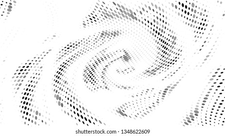 Halftone gradient pattern. Abstract halftone dots background. Monochrome gray dots pattern. Vector halftone texture. Radial twisted circle. Grunge texture. Pop Art, Comic small dots. Wave twisted dots