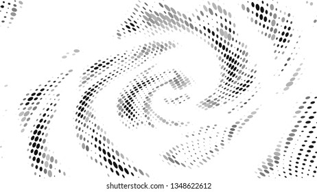 Halftone gradient pattern. Abstract halftone dots background. Monochrome gray dots pattern. Vector halftone texture. Radial twisted circle. Grunge texture. Pop Art, Comic small dots. Wave twisted dots