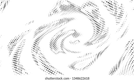 Halftone gradient pattern. Abstract halftone dots background. Monochrome gray dots pattern. Vector halftone texture. Radial twisted circle. Grunge texture. Pop Art, Comic small dots. Wave twisted dots