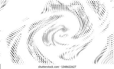Halftone gradient pattern. Abstract halftone dots background. Monochrome gray dots pattern. Vector halftone texture. Radial twisted circle. Grunge texture. Pop Art, Comic small dots. Wave twisted dots