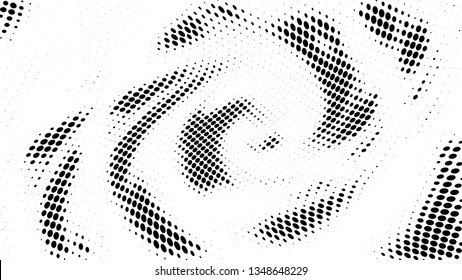 Halftone gradient pattern. Abstract halftone dots background. Monochrome dots pattern. Vector halftone texture. Radial twisted circle. Grunge texture. Pop Art, Comic small dots. Wave twisted dots.
