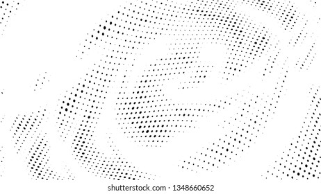 Halftone gradient pattern. Abstract halftone dots background. Monochrome dots pattern. Vector halftone texture. Radial twisted circle. Grunge texture. Pop Art, Comic small dots. Wave twisted dots.